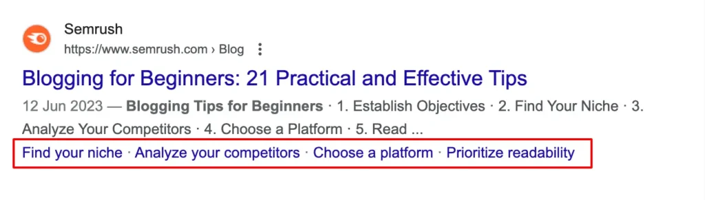 Example of link insert under a listing in serp