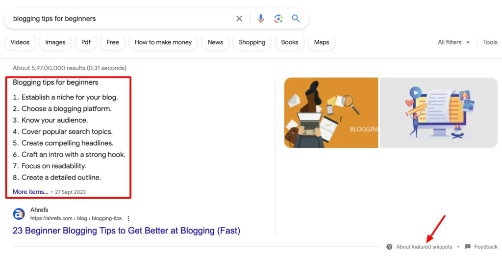 Example of a featured snippet in the top position and a different featured snippet on the right side